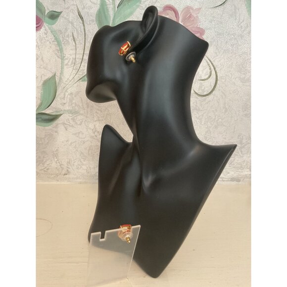 Coral Colored Square Stud Earrings With Gold Setting - Picture 2 of 3